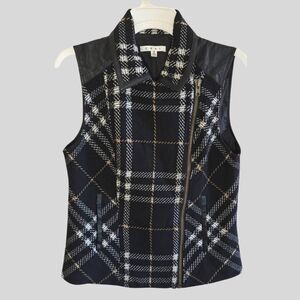 CAbi Black White Plaid Moto Vest Womens Medium Faux Leather Trim Streetwear